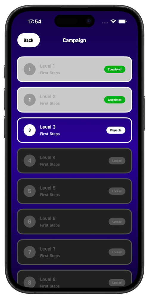 VertiGrid Campaign screen showing the level list