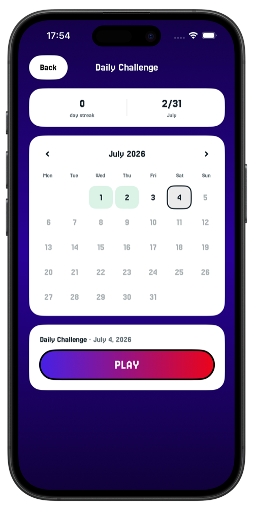 VertiGrid Daily Challenge screen showing the calendar and streak